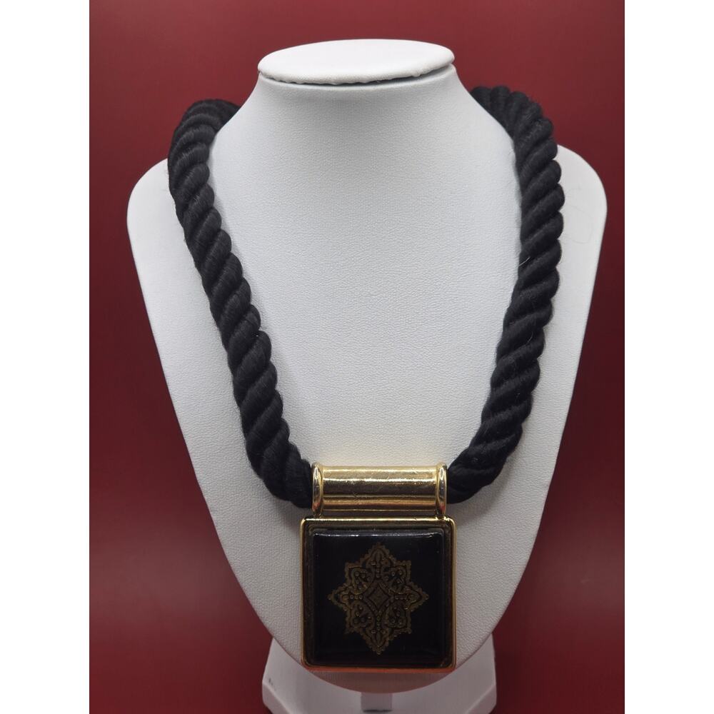 Bold Black Rope Cord Necklace Gold Tone Square Pendant Statement Costume Jewelry